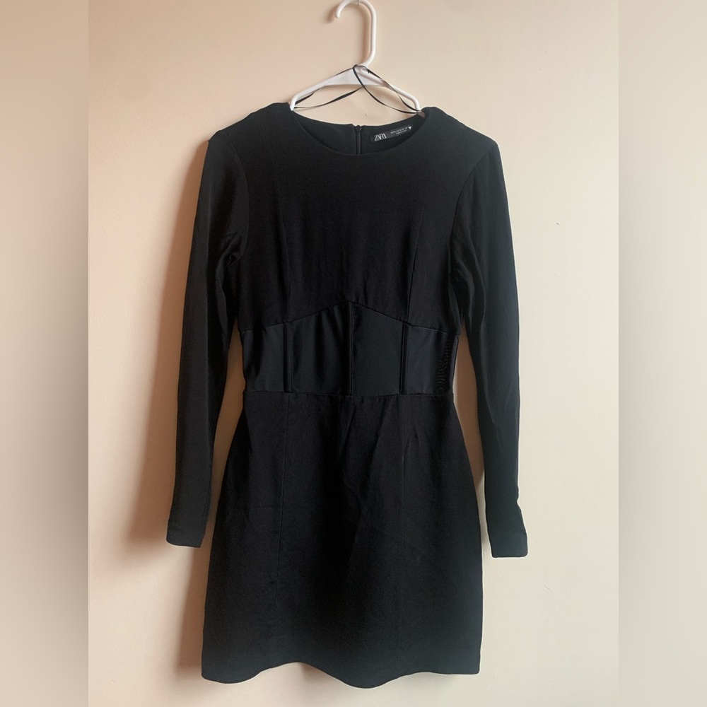 ZARA Black Long Sleeve Mesh Combination Tulle Corset Waist Mini Dress